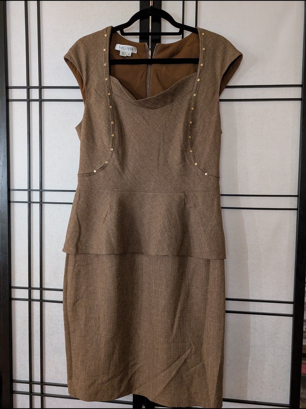 Kay Unger New York Brown Studded Peplum Dress Size 12